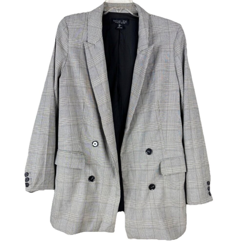 Rachel Zoe Large Longline Double Breasted Open Blazer Plaid Structured Black EUC